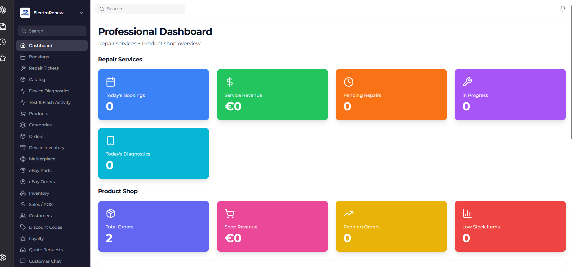 Bookings, repair tickets, orders and shop revenue in a single view.