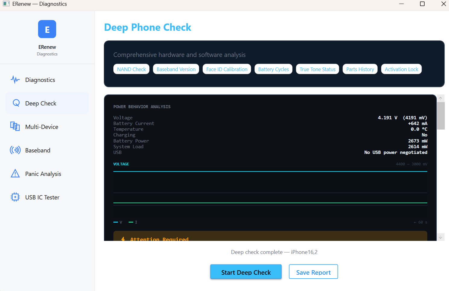 Deep Check — NAND, Face ID calibration, battery cycles, parts history.