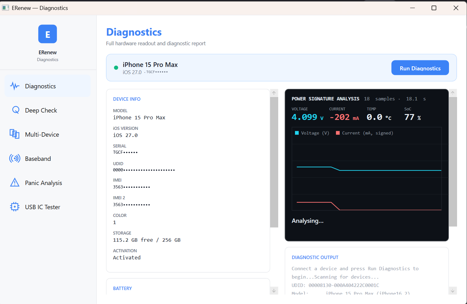 Diagnostics — full hardware readout over USB. No Apple ID, no jailbreak.