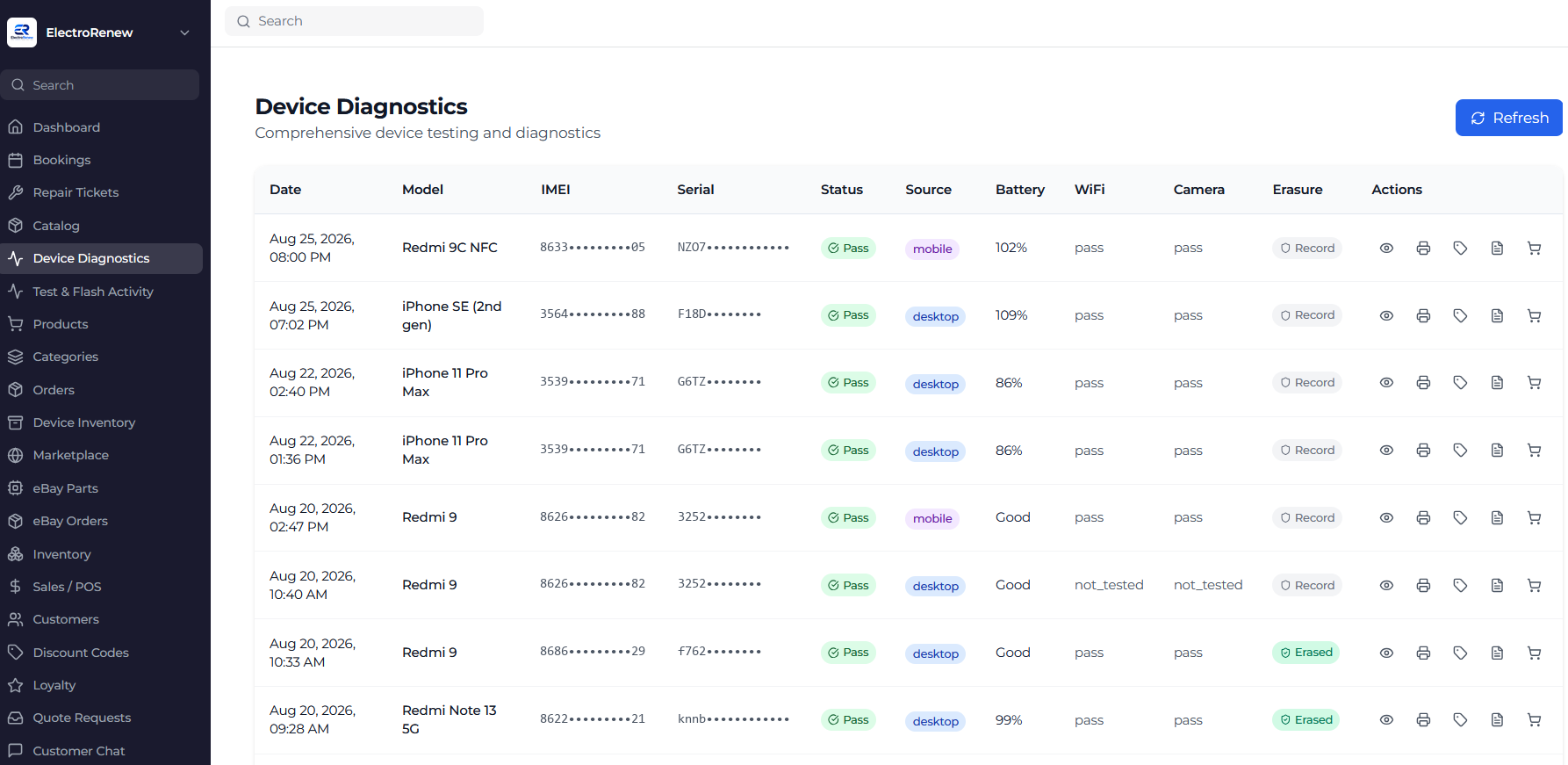 Every test lands in your dashboard: model, battery health, pass/fail, erasure status.