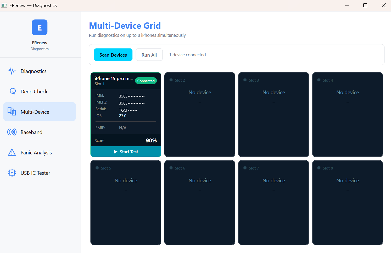 Run diagnostics on up to 8 iPhones at once.