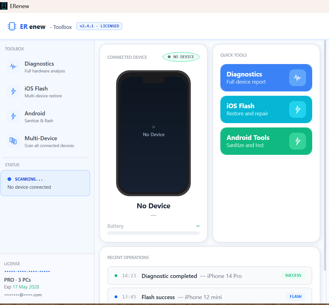 ERenew Desktop — diagnostics, iOS flash and Android tools in one licensed app.